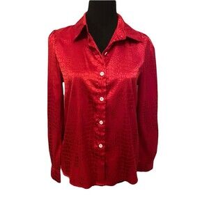 Red Jacquard Snakeskin Print Sz S SHEIN Button Up Blouse Shiny Silky Christmas